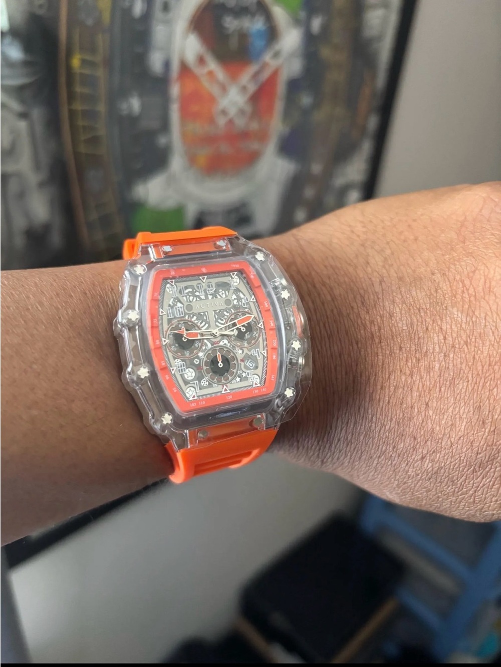 Transparent Case Orange Strap Sport Watch